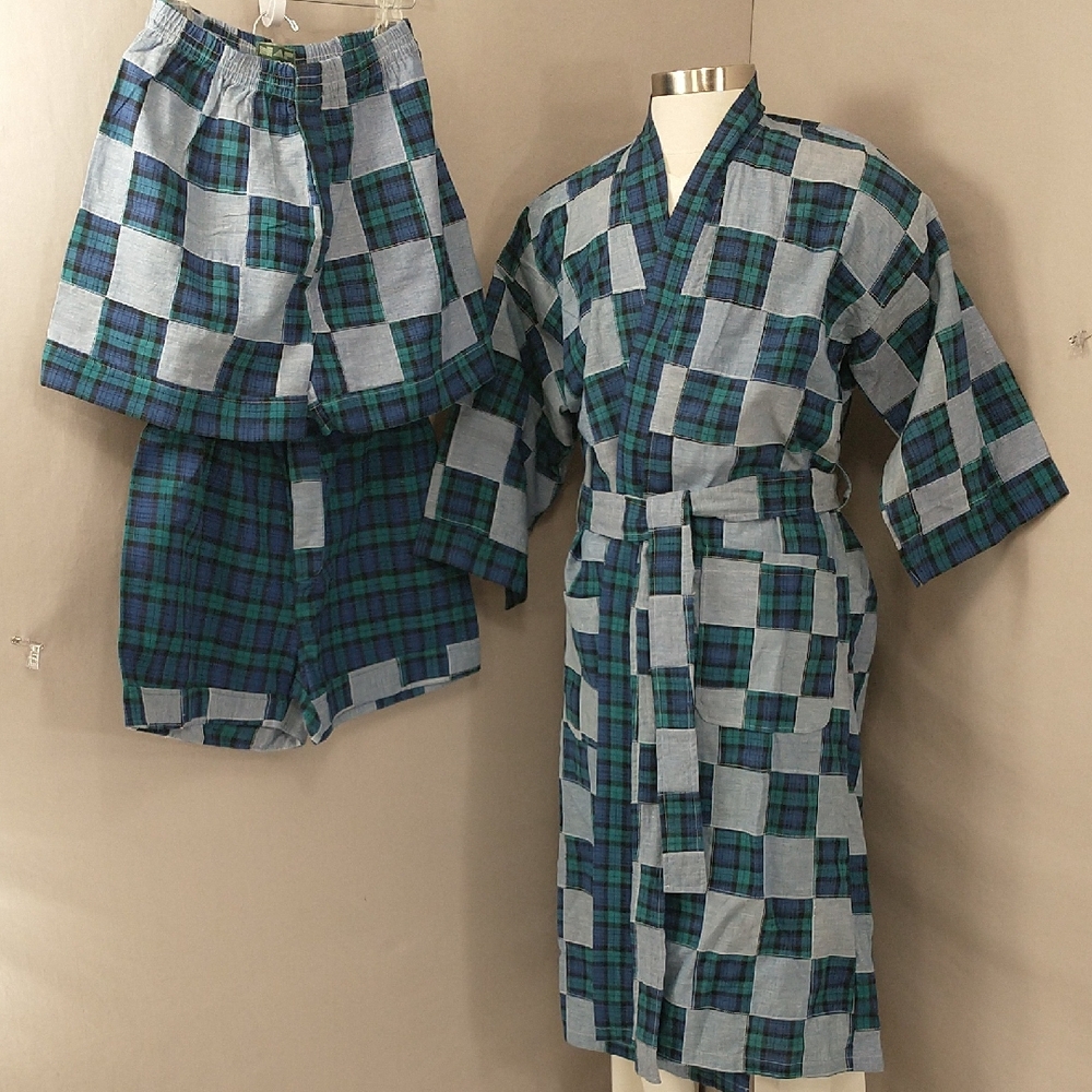 Vintage 80s Deadstock Sleep Set Men's Cotton Madras Patchwork 2 Shorts 1 Robe M